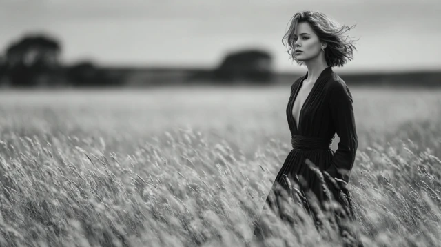 Beautiful Girl in a Field Black and White Photo