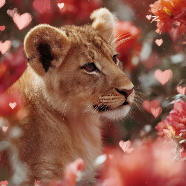 Lion Cub in Flowers and Hearts Illustration