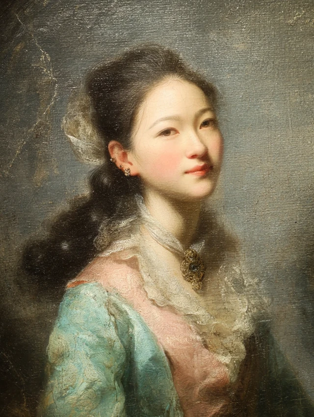 Rococo Painting of Asian Woman with Elegant Hair