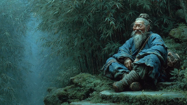 Ancient Chinese Man in Bamboo Forest Portrait