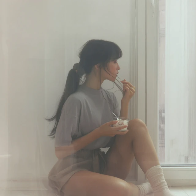 Japanese Girl Eating Yogurt Photo Realistic