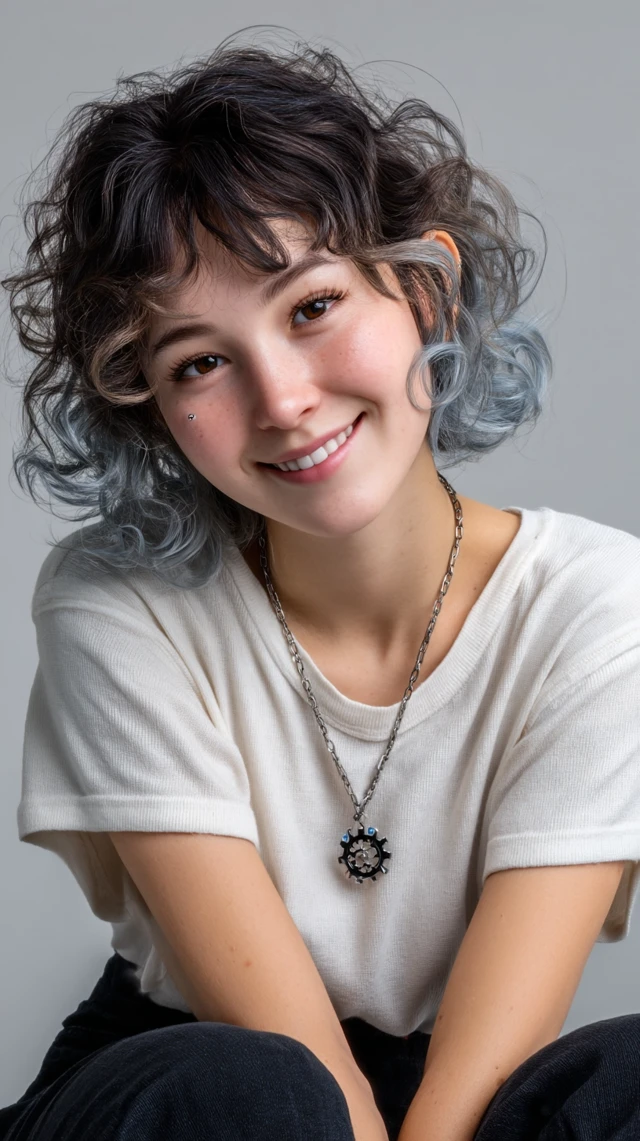 Asian Girl Portrait with Blue Hair and Smiling
