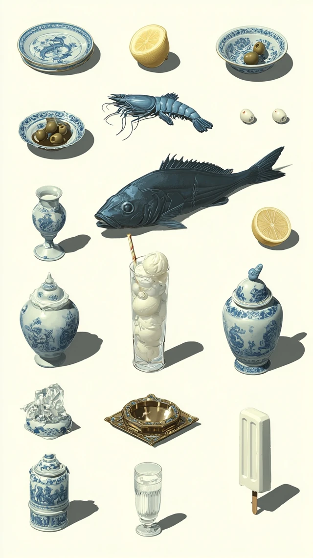 Porcelain Still Life with Food and Ornaments