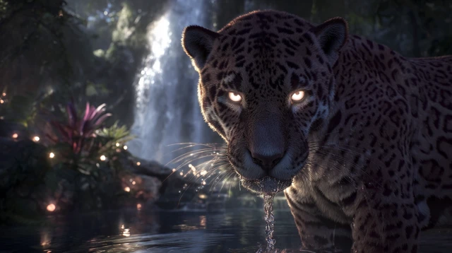 Jaguar Drinking in Magical Jungle CloseUp