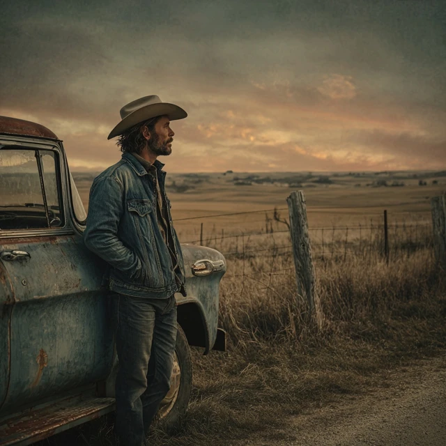 Country Singer Portrait With Vintage Truck Golden Hour