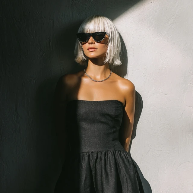 Woman in Cocktail Dress and Sunglasses in Shadow