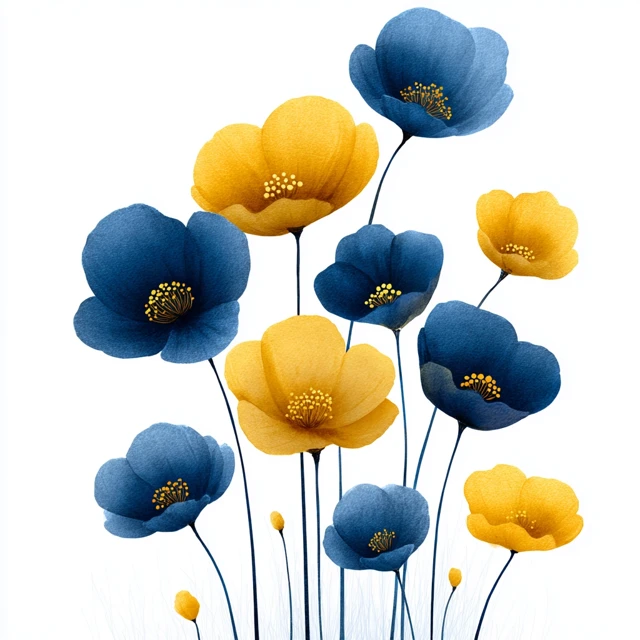 Blue and Yellow Poppies Art on White Background