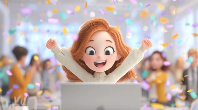 Success Celebration Animated Woman with Laptop
