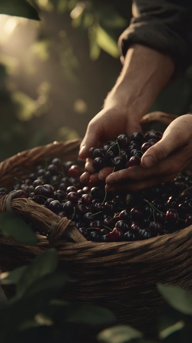 Hands Harvesting Black Cherries Photorealistic Image