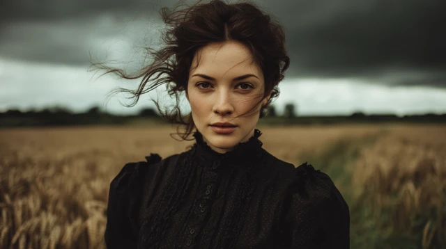 Victorian Woman In Field Stormy Day