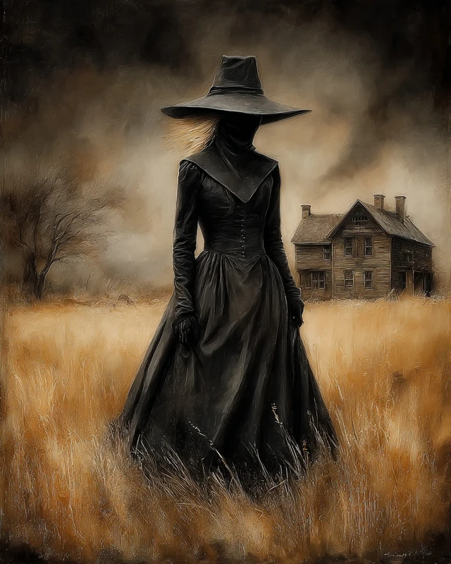 Eerie Witch in Black Robes Fantasy Art Painting