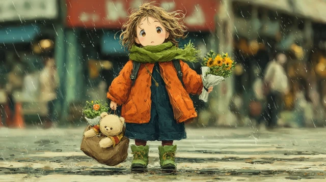 Cute Girl in Rain Anime Illustration
