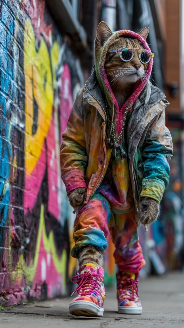 Cool Cat in Urban Style Walking Through Graffiti Alley