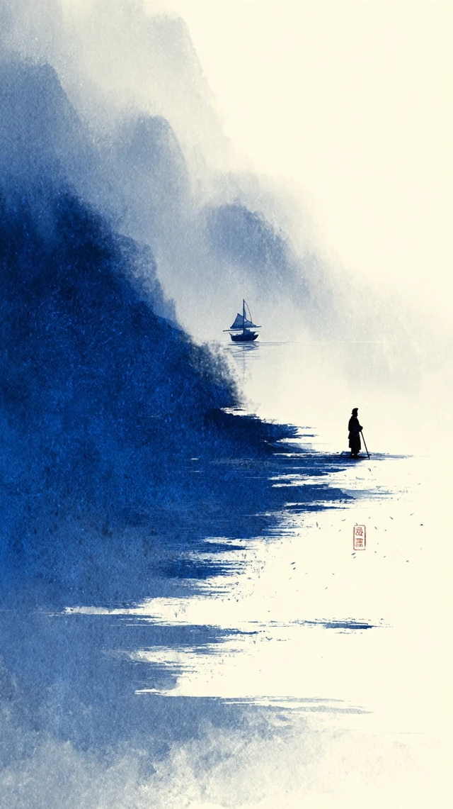 Chinese Ink Painting Ocean Boat and Scholar Song Dynasty