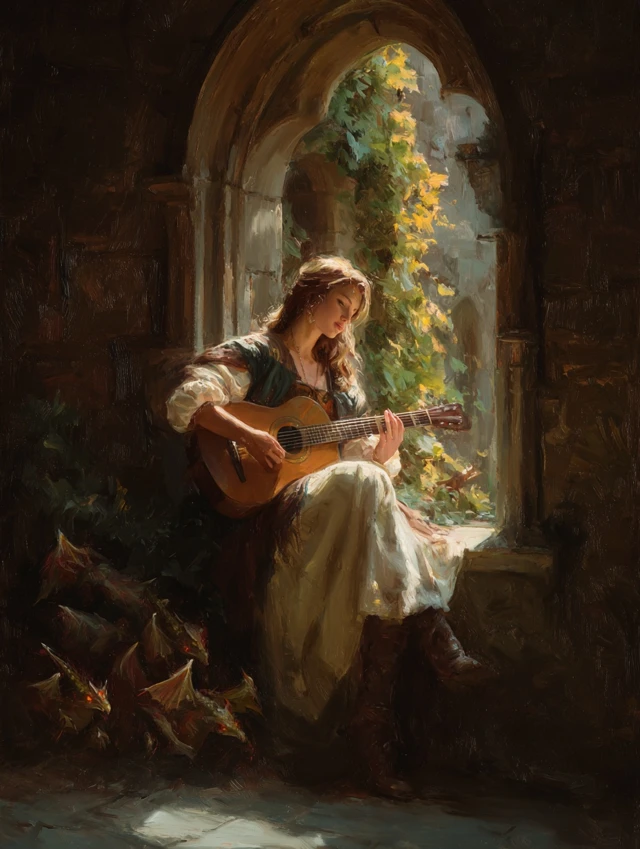 Medieval Woman Playing Guitar With Dragons Painting