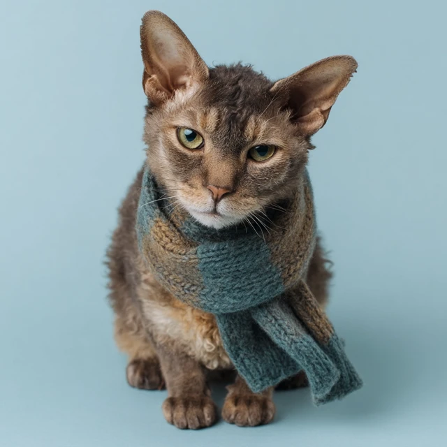 Sad Angry Cornish Rex Cat in Scarf