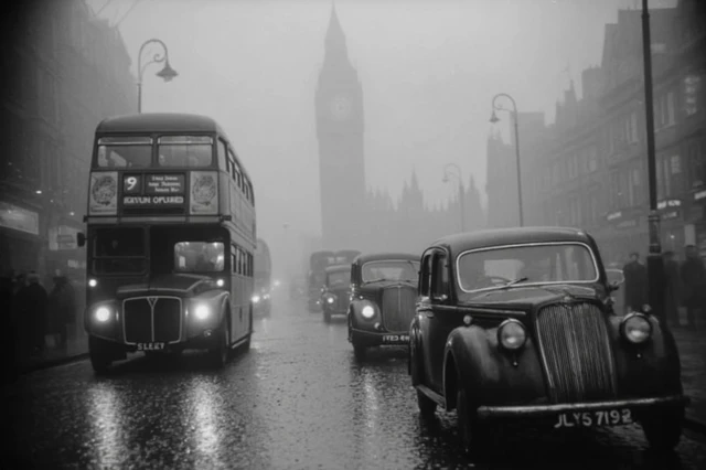 Foggy London Street Scene 1950s Vintage Photo