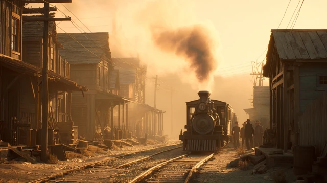 Dusty Western Town with Steam Train Cinematic Scene