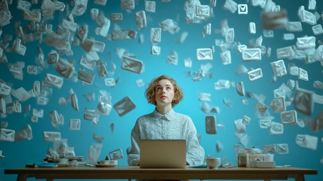 Woman at Desk Surrounded by Mail Icons