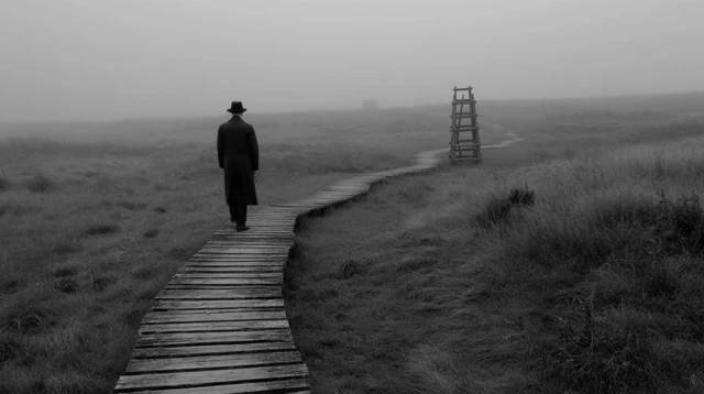 Solitary Man on Path Surreal and Melancholic