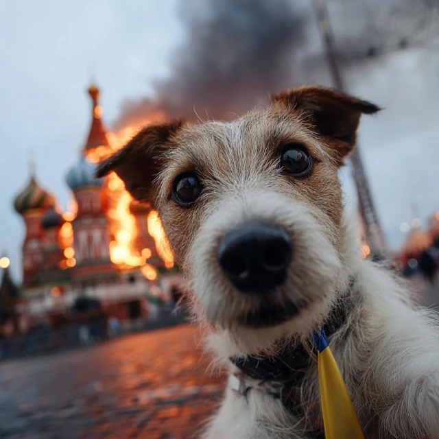 Dog Selfie Ukraine Flag Burning Moscow Cathedral