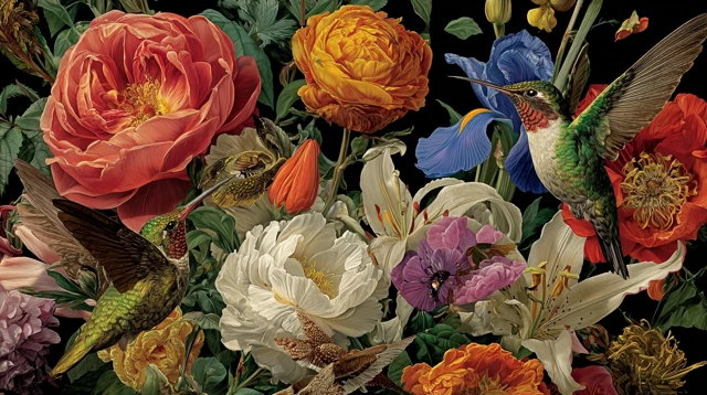 Wildflowers with Hummingbirds in Peter Riftly style