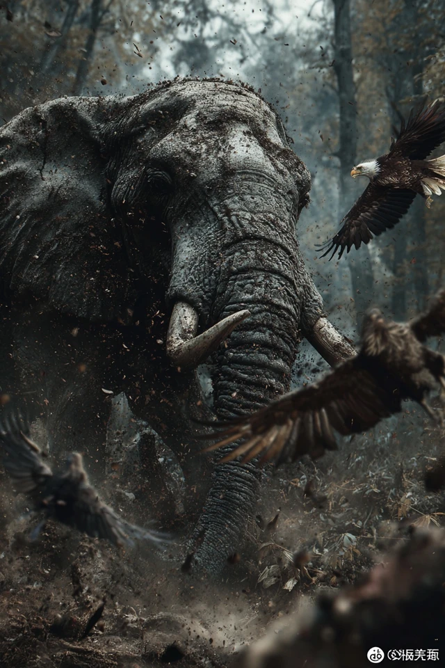 Elephant Eagles Battle in Dark Forest