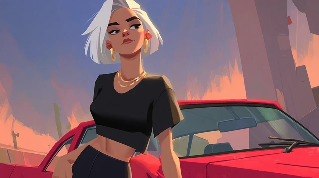 Disney Style Woman and Car Illustration