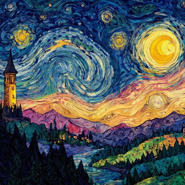 Starry Night Landscape Painting Inspired by Van Gogh