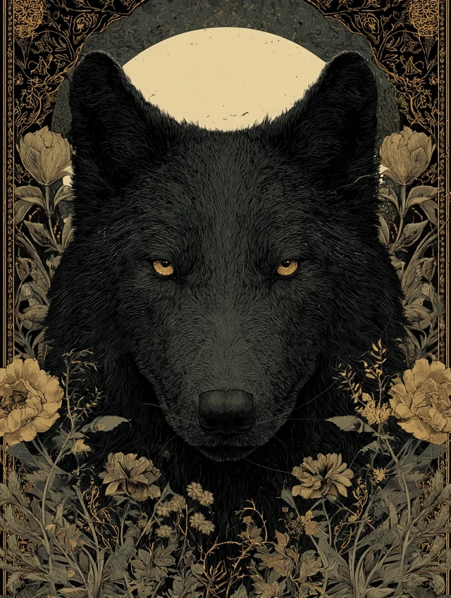 Mystical Wolf with Golden Eyes and Floral Design