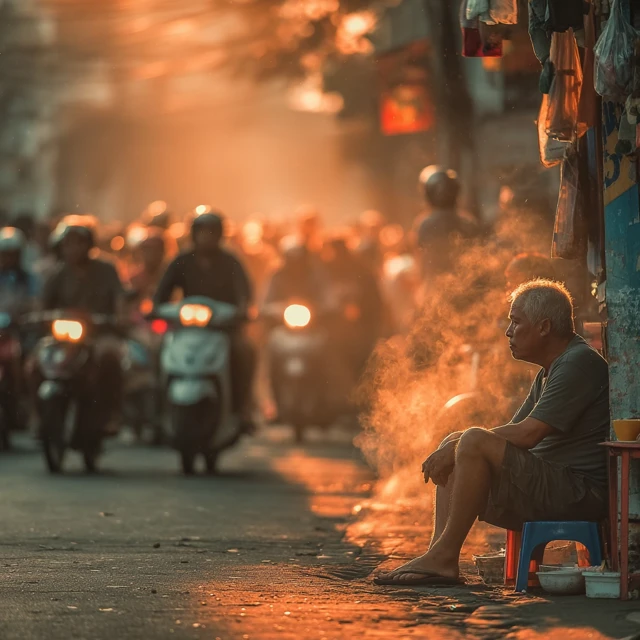 Jakarta Street Scene: Man at Warung in Rush Hour