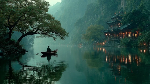 Serene Lake Scene Fisherman Boat Mountain Mist
