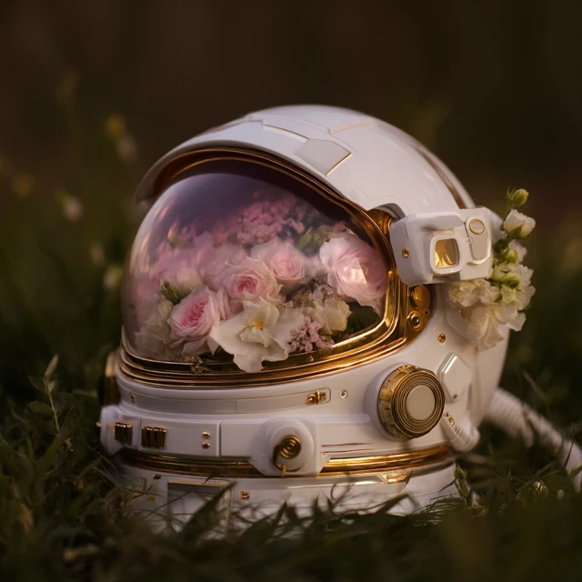 Astronaut Helmet with Flowers Romantic Scene