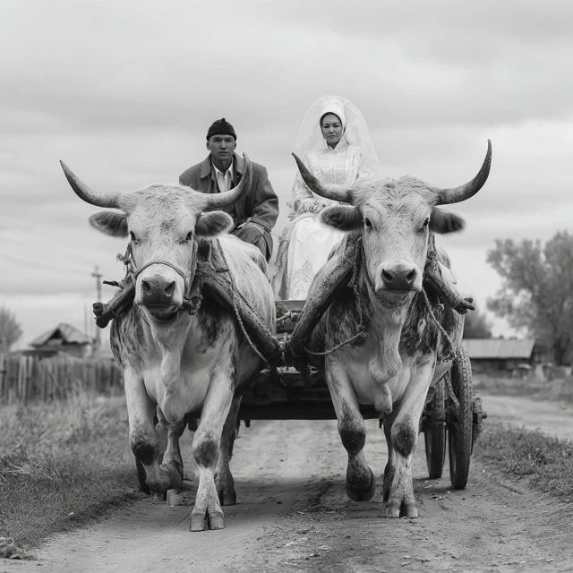 Kazakh Wedding Retro Ox Cart Bride Groom