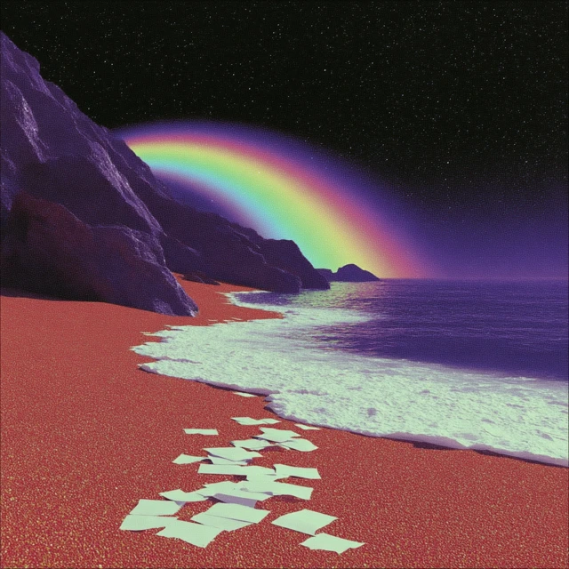 Psychedelic Beach Scene with Rainbow and Papers