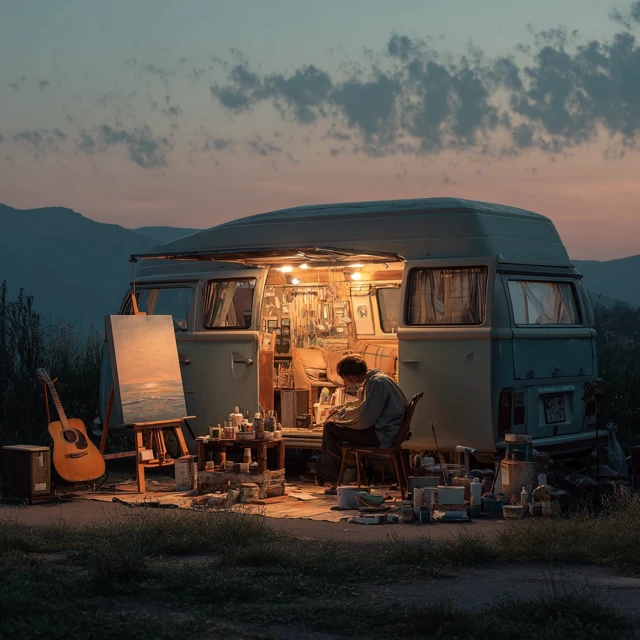 Artist Painting Outdoors in a Vintage Van