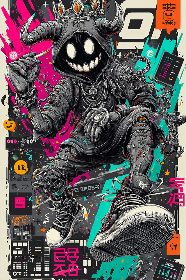 Glitch Street Art of Labubu Toy in Karate Pose