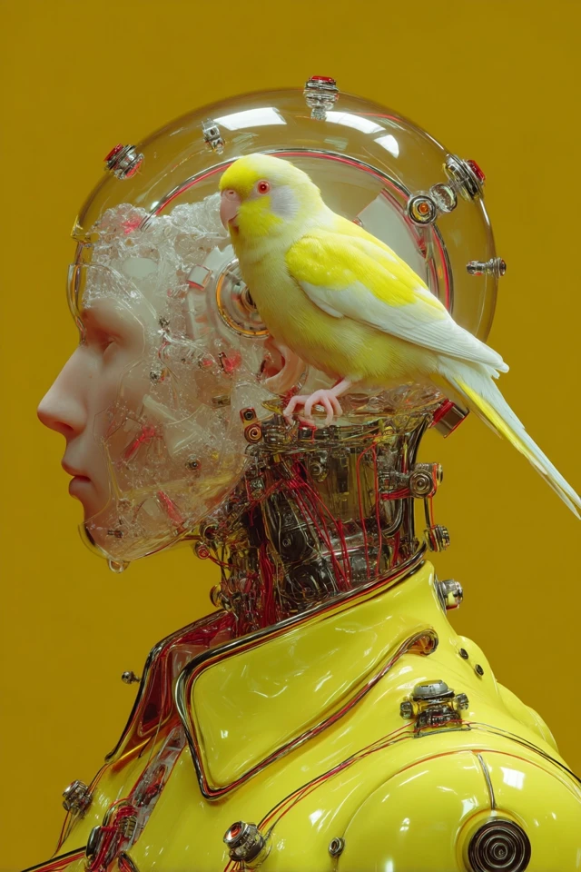 Android Skull with Budgie Surreal SciFi Art