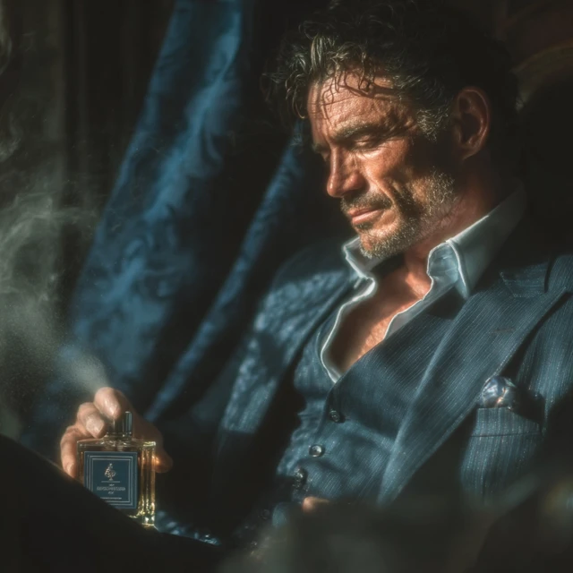 Stylish Man in Suit Spraying Perfume