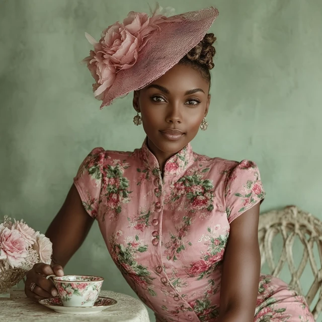 Elegant Nigerian Woman in Floral Dress Tea Time Portrait
