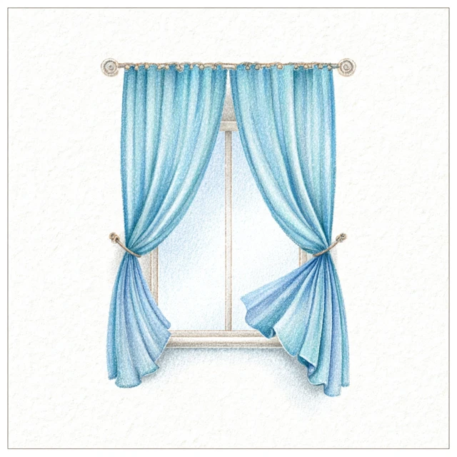 Window with Blue Curtain Childrens Illustration