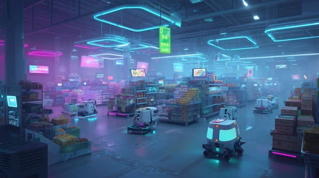 Futuristic Retail Warehouse with Robots and Neon Lights