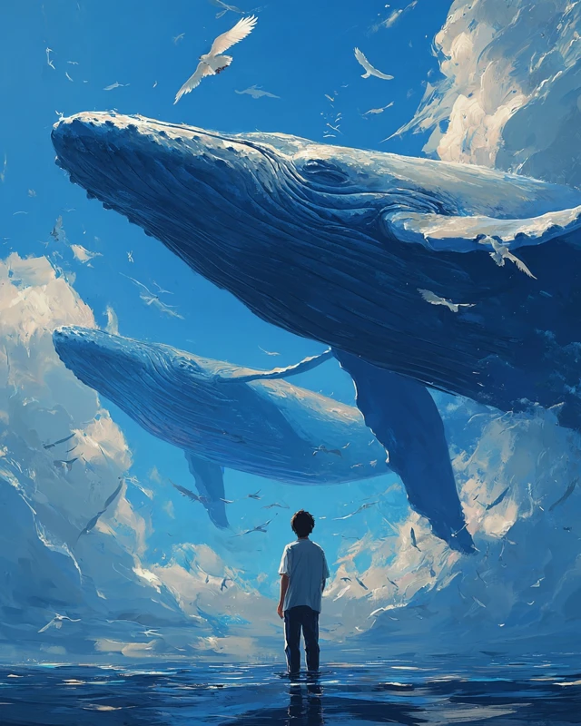 Whales in the Sky Dreamlike Anime Artwork