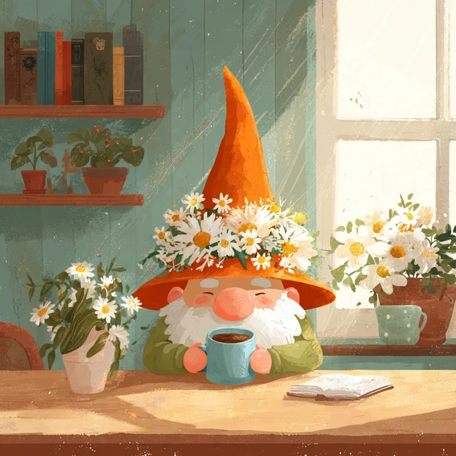 Cute Gnome with Flower Hat Drinking Coffee Cartoon