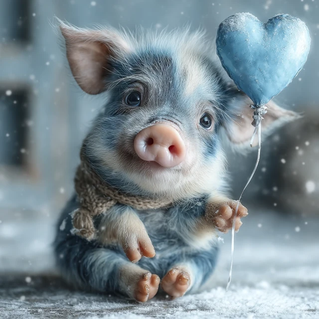 Sad Blue Piglet With Heart Balloon In Winter