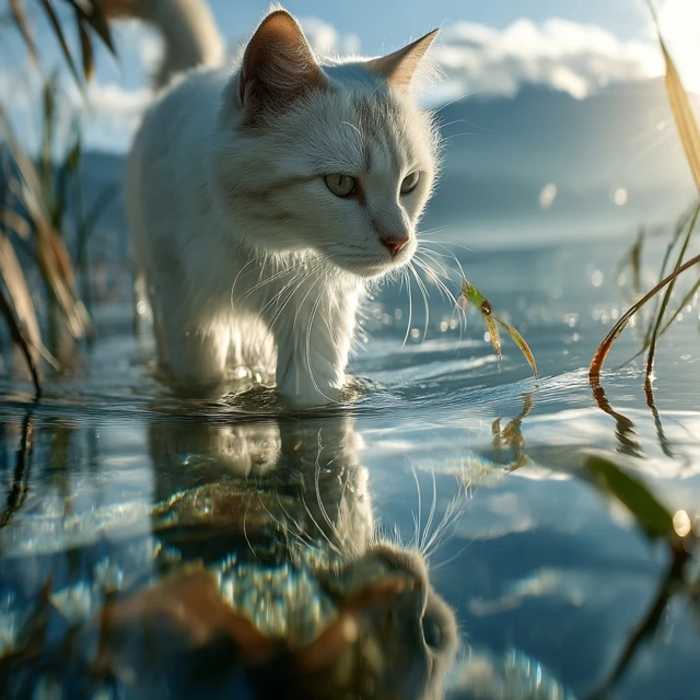 White Cat Walking in Water Lakeside Photo