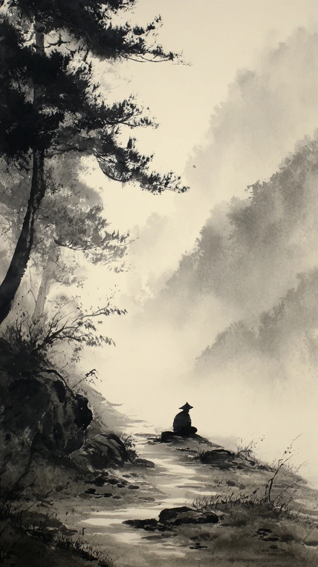 Korean Ink Wash Painting of a Traveler in Nature