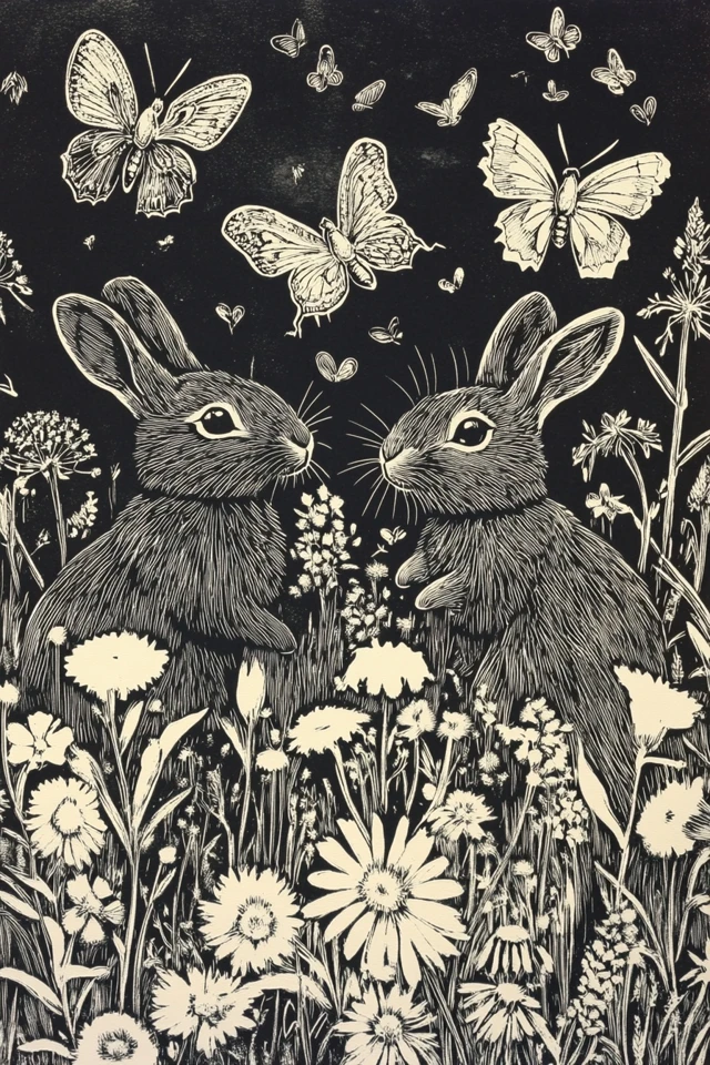 Linocut Meadow Rabbits Bees Butterflies Art