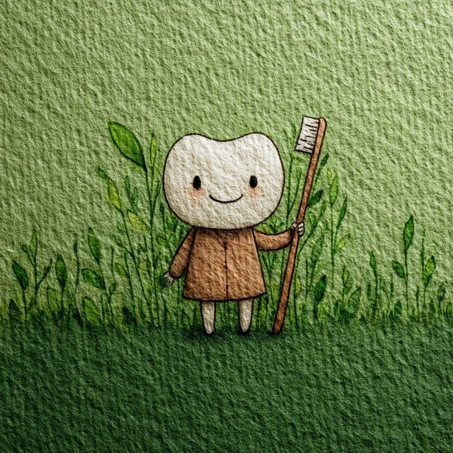 Cute Cartoon Tooth with Toothbrush in Meadow