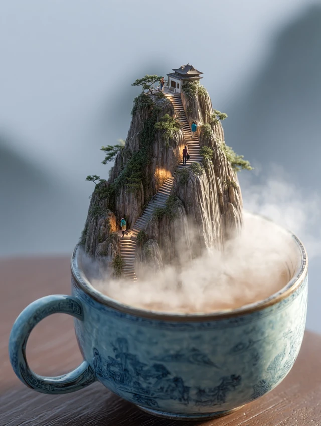 Miniature Mountain Tea Cup Landscape with Golden Light